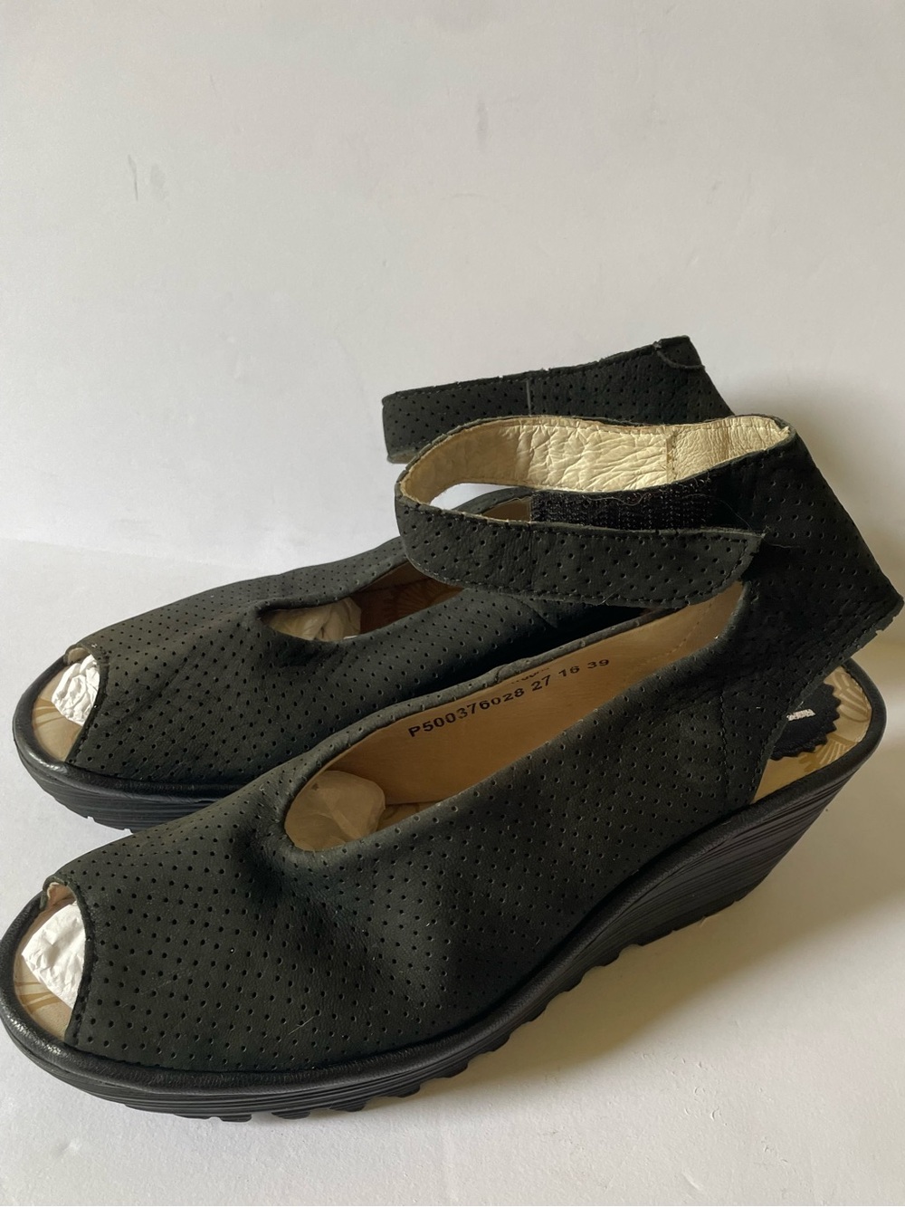 Women’s Black Peep-Toe Wedge Sandals with Ankle Strap